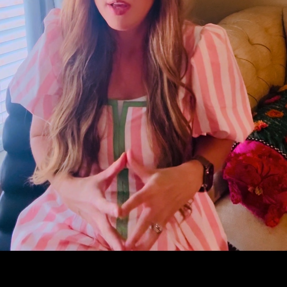 Boutique TCEC puff sleeve square neck Green and Pink Striped dress  Sz s